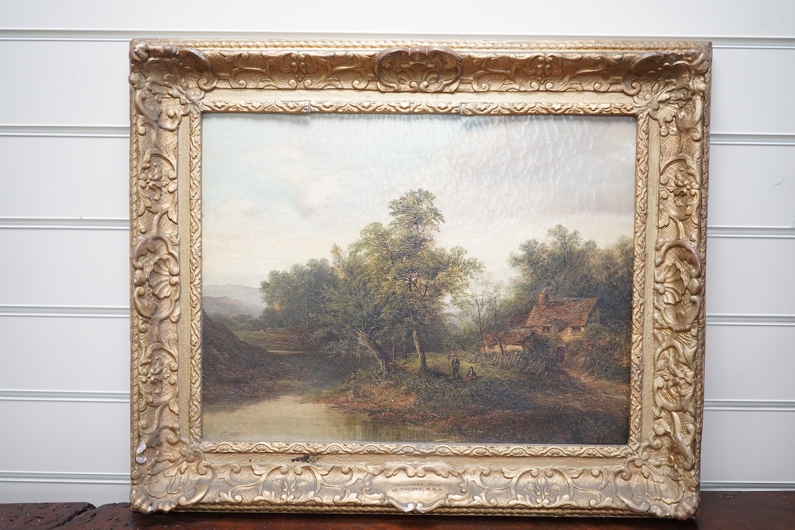 After Joseph Thors RBA, oil on canvas, 'The Cottage by the river, Sevenoaks, Kent', 34 x 44cm. Condition - some losses to frame